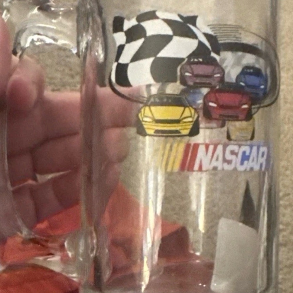 VTG NASCAR Glass Beer Mug with Racing Cars and Logo